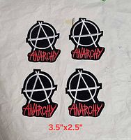 All four identical embroidered anarchy patches laid flat, ruler text overlay shows 3.5 x 2.5 inches