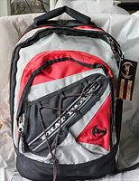 Front view showing colors, compartments, bungee cord and logo tag