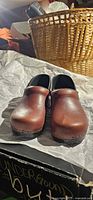 Front view of brown leather clogs