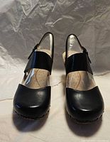 Front view of black leather Dansko clogs