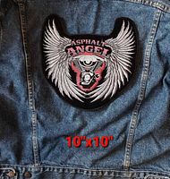 Front view of embroidered patch against denim jacket showing full design and printed dimensions