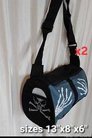 Blue skeleton graphic duffel bag, size indication