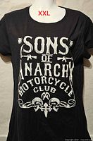 Front view of black Sons of Anarchy girls XXL T-shirt showing full graphic