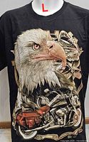 Front view of black T-shirt with bald eagle and motorcycle graphic