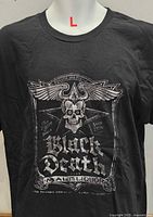 Front view of black T-shirt with Black Death Malt Liquor skull graphic