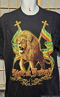 Front view of black Lion of Judah graphic T-shirt on mannequin