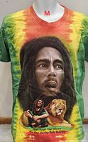 Front of tie-dyed Bob Marley T-shirt showing portrait and graphics