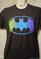 Front view of black Batman logo T-shirt on mannequin