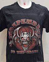 Full view of black T-shirt with skull and text graphic