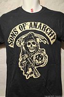 Front view of black Sons of Anarchy graphic t-shirt on mannequin
