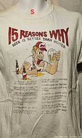 Front view of off-white T-shirt with humorous beer graphic and text, size small indicated