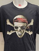 Full front view showing pirate skull graphic and size label on mannequin