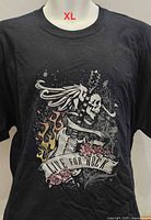 Front view of T-shirt showing full graphic and size reference