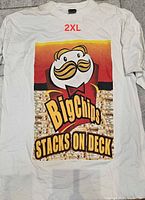 Front view of white graphic T-shirt showing full design and size label area