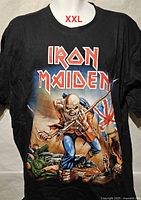 Front view of black Iron Maiden T-shirt showing size and graphic