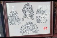 First frame showing five line-art designs including dragon, female portrait and animals