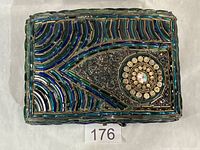 Top view showing full glass mosaic design and dimensions tag