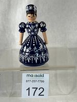 Full front view of wooden Blue Lady trinket box standing upright