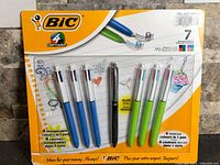 Front view of sealed Bic 7-pack showing all pens and packaging information