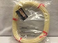 Coiled lariat in sealed plastic bag with red ties