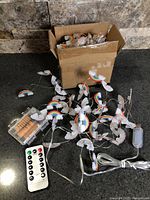 Unboxed rainbow string lights, battery pack, remote, boxed second set visible