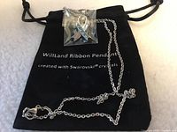Pendant necklace in branded pouch with chain visible