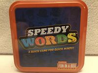 Front of sealed Speedy Words tin showing title artwork