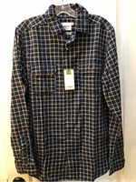 Front view of Goodfellow & Co navy plaid shirt with tags attached