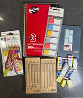All items laid out showing notebook, coloured pencils, pens boxes, sticky bookmarks, London notebook, erasers