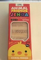 Front of Animal Friends Jenga box showing branding and window revealing wooden blocks