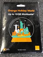 Front of sealed Orange Holiday World SIM pack showing 10 GB worldwide offer