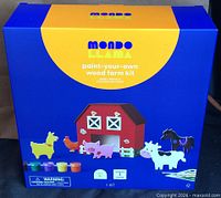 Front of boxed Mondo Llama paint-your-own wood farm kit