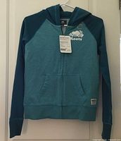 Front view of Roots Kids heirloom blue fleece hoodie with tags