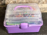 Full view of sealed clear plastic storage case with purple latch and handle