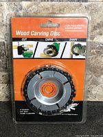 Front of packaged wood carving disc showing overall item