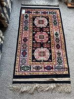 Full view of rug showing pattern and fringe