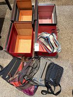 Overview of storage bins, handbags and hangers