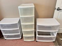 Front view of all three drawer units showing drawer count and style