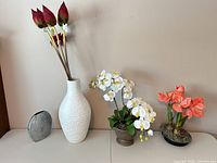 Full lot showing vase with red buds, white orchid in pot, coral amaryllis in bowl