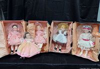 Group shot of five boxed dolls showing outfits and packaging