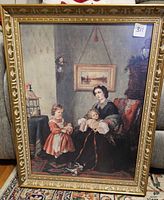 Front view of framed Victorian mother and children print showing full artwork and frame detail