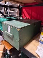 Closed green trunk on shelf showing size and exterior wear