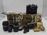 Overview of camera body, lenses, bellows boxes, accessories