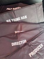 Stacked chair backs showing names Faly Rakotohavana, Jee Young Han, Writer, Director, Producer