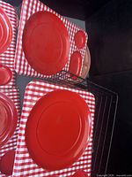 Gingham melamine divided plates stacked together