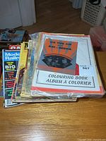 Stack of assorted vintage magazines on table