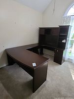 Overall view of U-shaped desk and hutch
