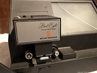 Close-up of Atlas Warner Dual Eight film editor front label and screen area