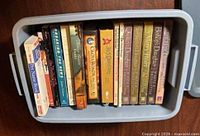 Top view of tote showing light-blue plastic container filled with paperback books; spines visible for title identification