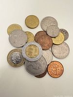 Pile of mixed world coins showing variety of metals and sizes
